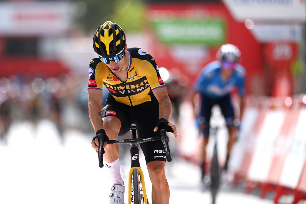 VALDEPEAS DE JAN SPAIN AUGUST 25 Primoz Roglic of Slovenia and Team Jumbo Visma celebrates at finish line as stage winner during the 76th Tour of Spain 2021 Stage 11 a 1336km stage from Antequera to Valdepeas de Jan 1009m lavuelta LaVuelta21 on August 25 2021 in Valdepeas de Jan Spain Photo by Stuart FranklinGetty Images