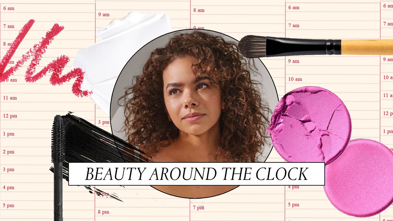 collage of Antonia Gentry with makeup swatches and the text &quot;Beauty Around the Clock&quot;