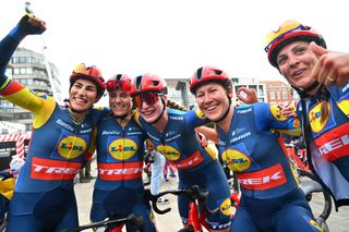 DE PANNE BELGIUM MARCH 21 LR Race winner Elisa Balsamo of Italy Clara Copponi of France Elynor Backstedt of The United Kingdom Lauretta Hanson of Australia and Lucinda Brand of The Netherlands and Team Lidl Trek react after the 7th Womens Classic BruggeDe Panne 2024 a 155km one day race from Brugge to De Panne on March 21 2024 in De Panne Belgium Photo by Luc ClaessenGetty Images