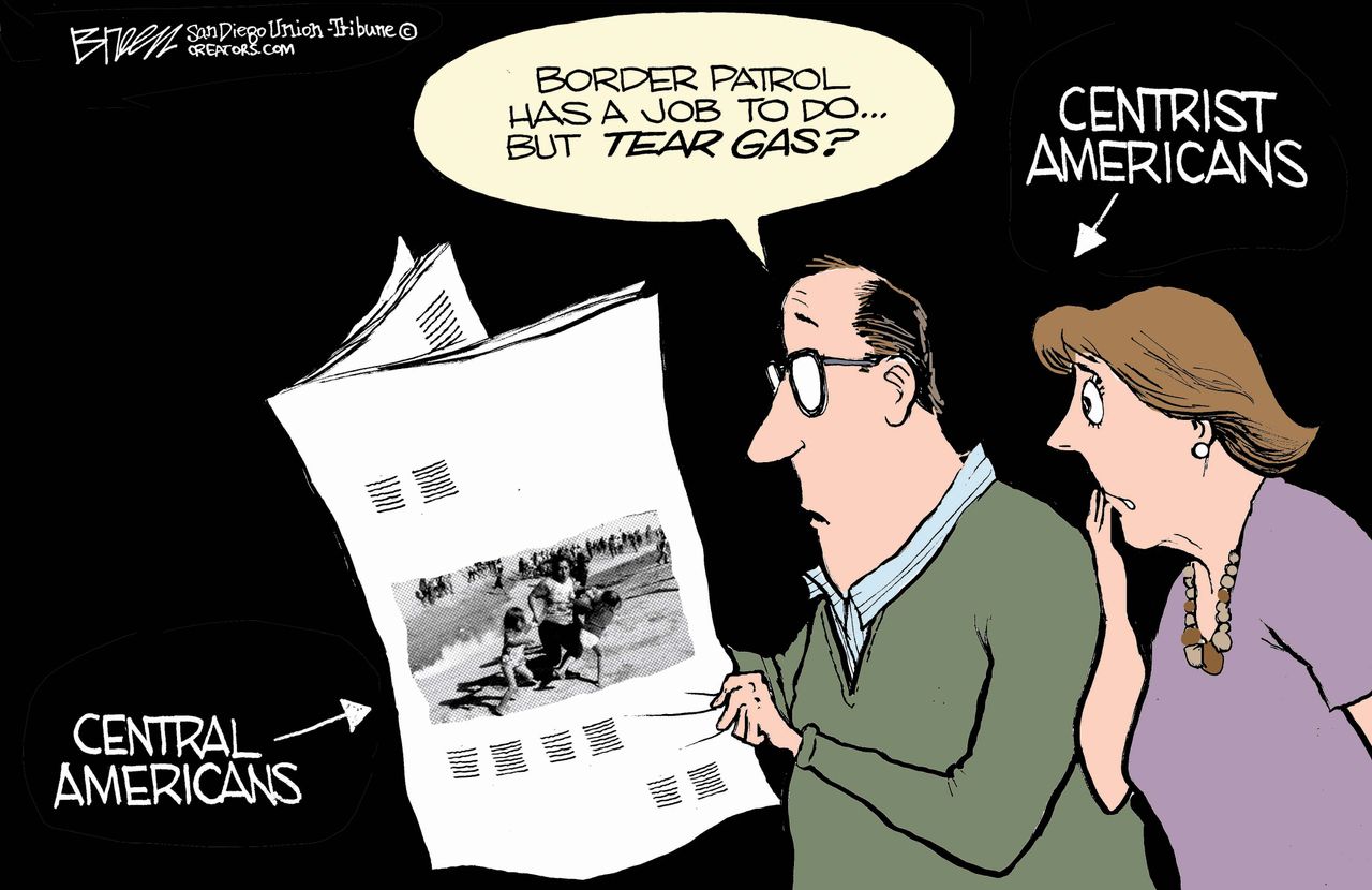 Political cartoon U.S. Central Americans centrist border patrol migrants tear gas