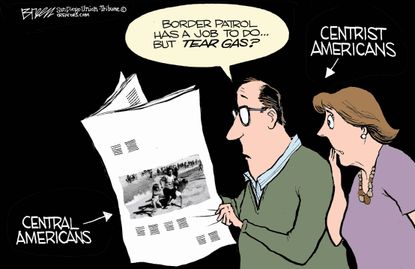 Political cartoon U.S. Central Americans centrist border patrol migrants tear gas