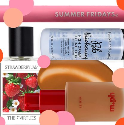 product collage of the 7 virtues strawberry jam perfume, Bumble and bumble thickening styling foam, summer fridays lip liner, m.ph serum foundation, on white background with pink and peach polka dots 