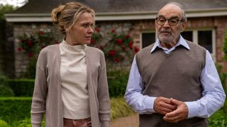 Sally Bretton as Zoe and David Suchet as George in a garden in The Au Pair.