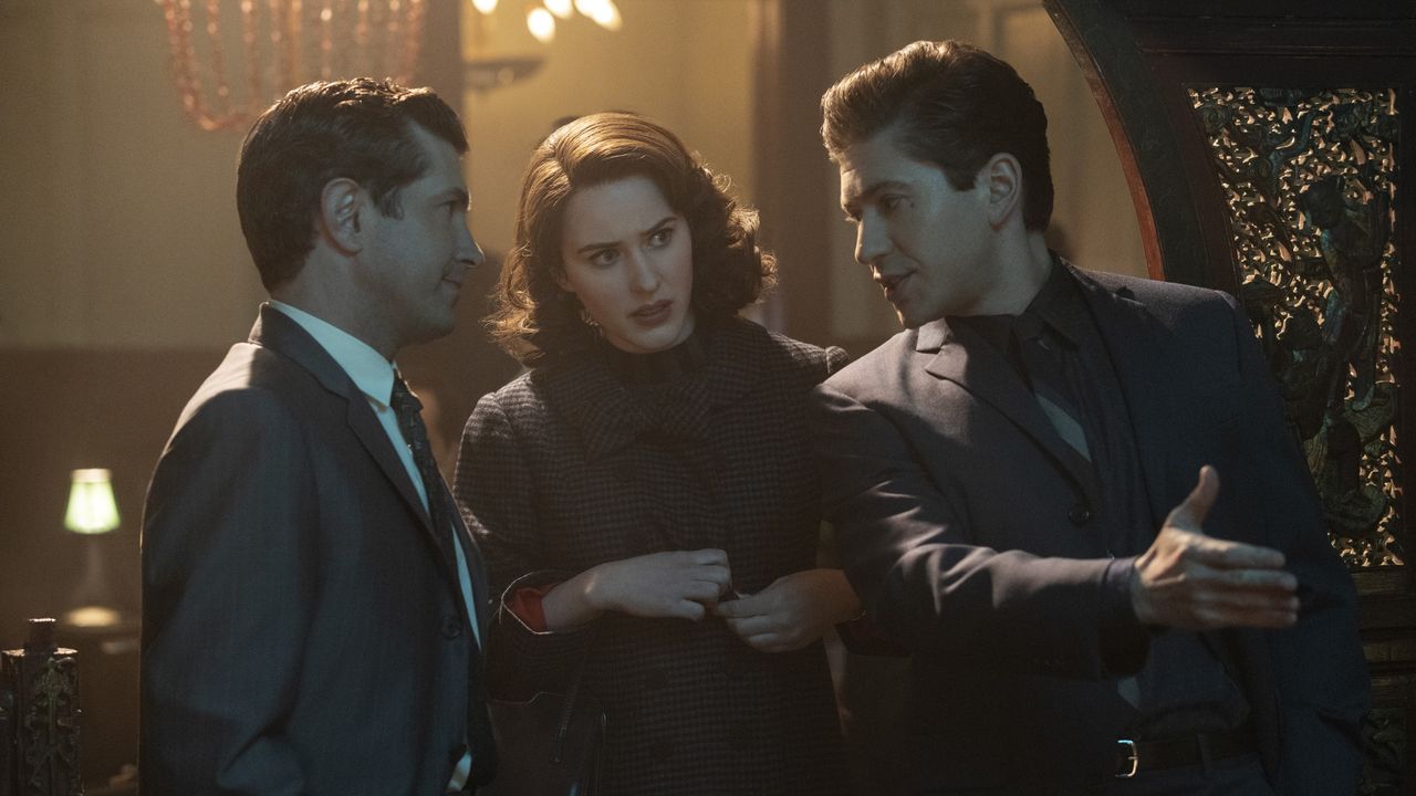 Joel Johnstone, Rachel Brosnahan and Michael Zegen in The Marvelous Mrs. Maisel season 5