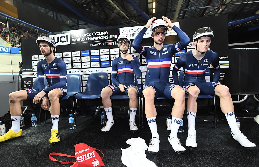 France's men's Team Pursuit squad prepare to take part in the qualifying round of the UCI Track Cycling World Championships in Apeldoorn