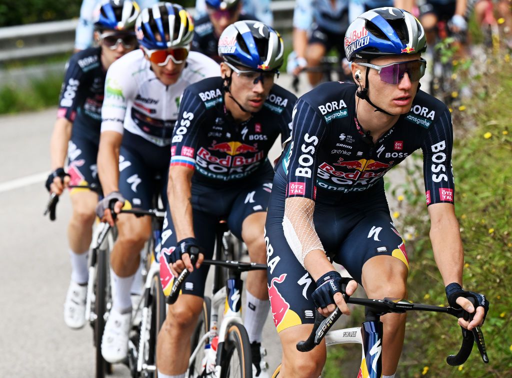 LAGOS DE COVADONGA SPAIN SEPTEMBER 03 Aleksandr Vlasov of Russia and Team Red Bull Bora hansgrohe competes during the La Vuelta 79th Tour of Spain 2024 Stage 16 a 1815km stage Luanco to Lagos de Covadonga 1069m UCIWT on September 03 2024 in Lagos de Covadonga Spain Photo by Tim de WaeleGetty Images