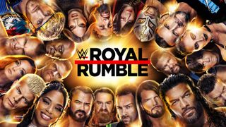 WWE Royal Rumble 2024 show art with images of WWE super stars