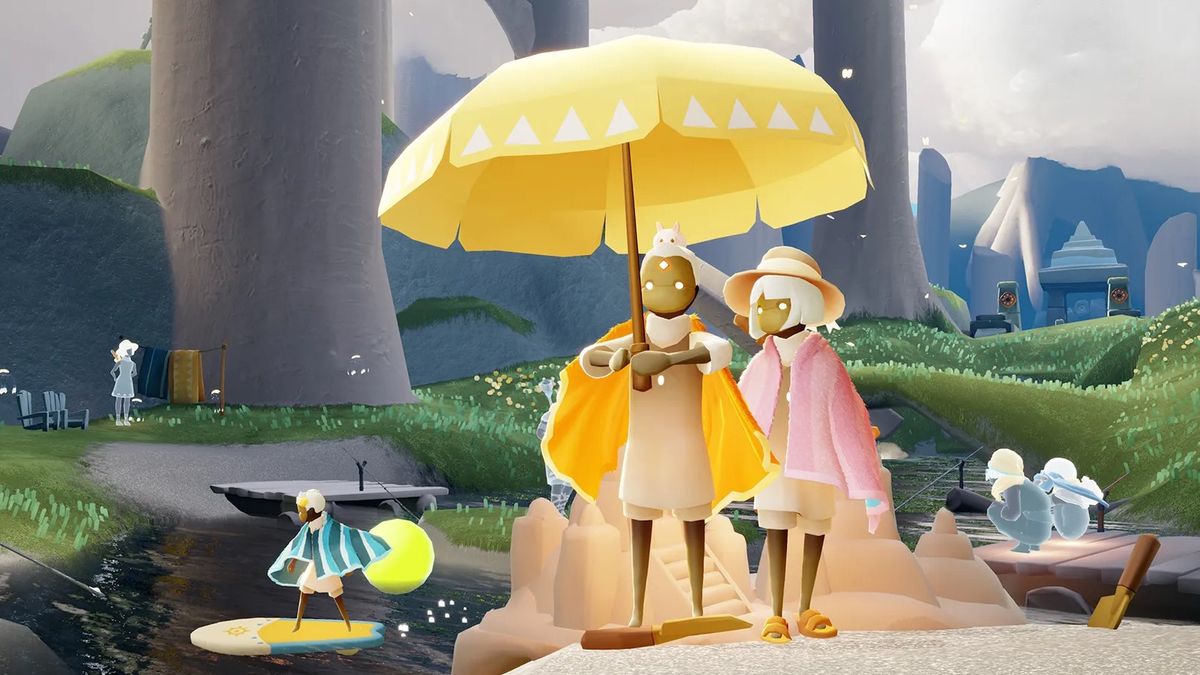 Sky: Children of the Light - two players stand together uner an umbrella at a little lake party in a forest