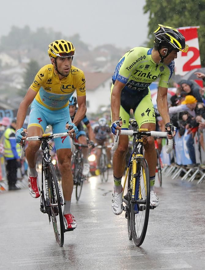 Vincenzo NIbali (Astana) marks Alberto Contador (Tinkoff-Saxo) on the final climb of stage 8