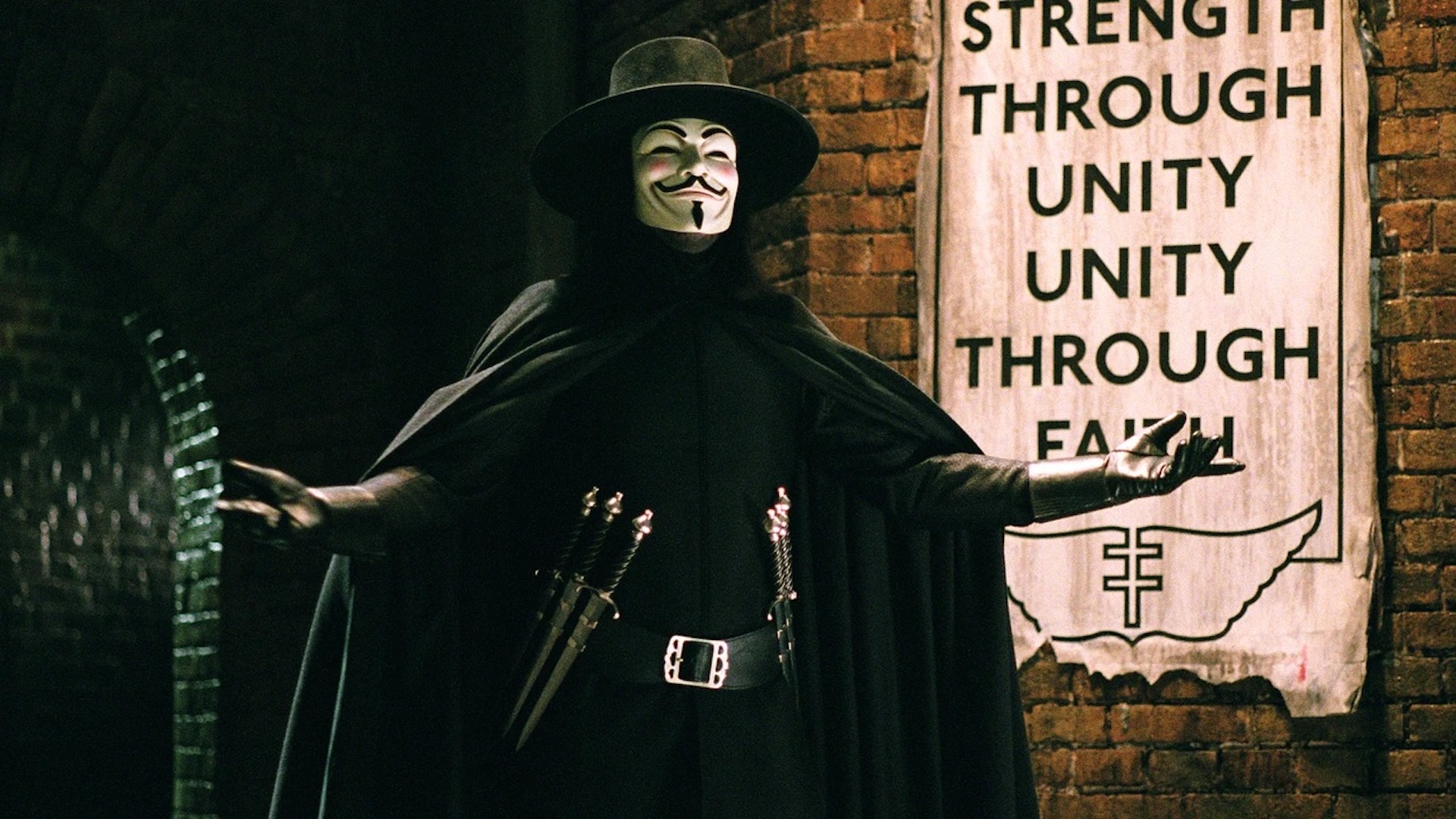 The vigilante V from the 2005 adaptation of V for Vendetta 
