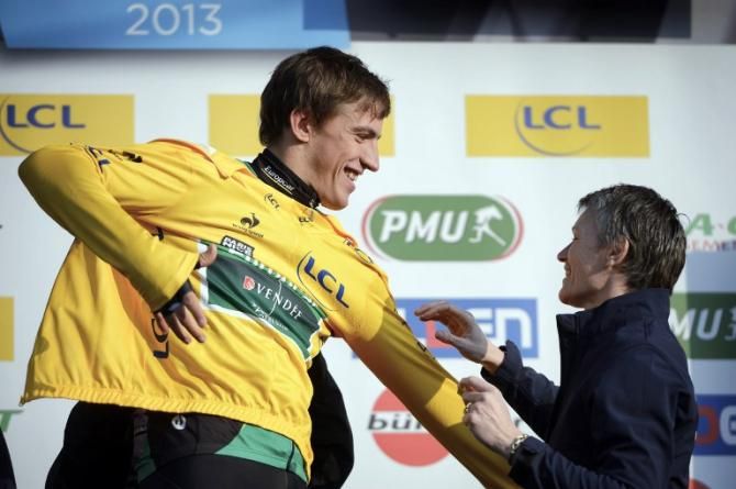 Damien Gaudin (Europcar) pulls on the maillot jaune in Paris-Nice