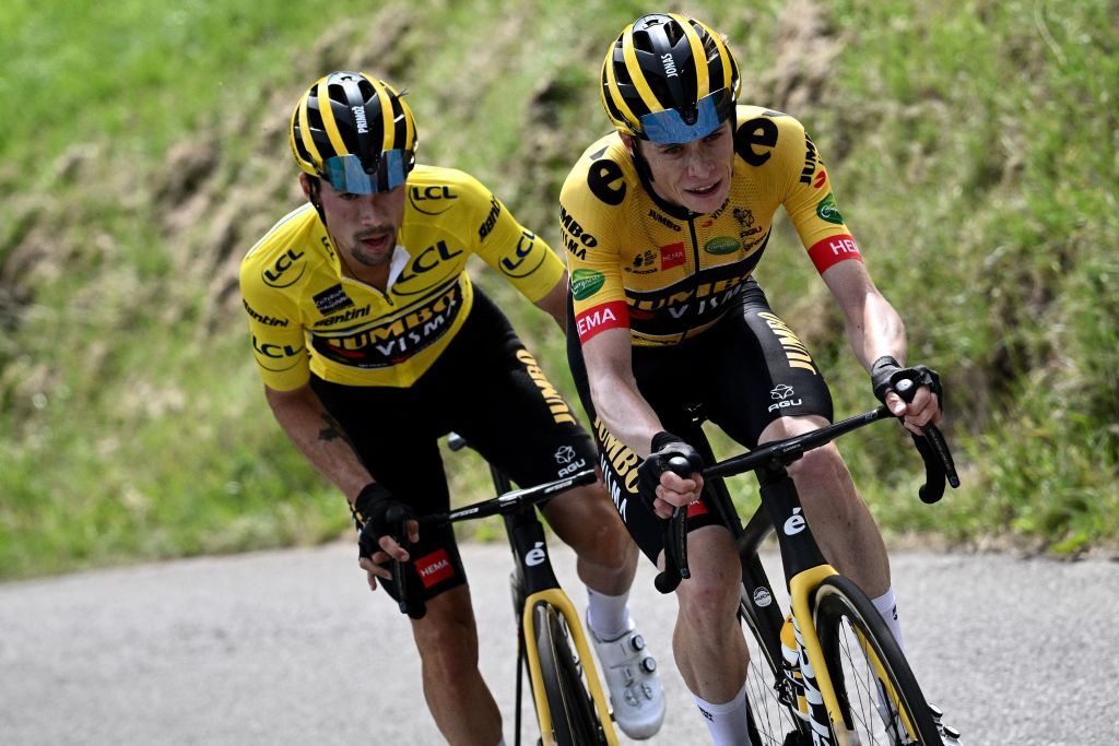 JumboVisma teams Danish rider Jonas Vingegaard R and JumboVisma teams Slovenian rider Primoz Roglic ride in a breakaway at Plateau de Solaison during the eighth stage of the 74th edition of the Criterium du Dauphine cycling race 1375 km between SaintAlbanLeysse and Plateau de Solaison on June 12 2022 Photo by Marco BERTORELLO AFP Photo by MARCO BERTORELLOAFP via Getty Images