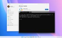 A Windows desktop screen shows a "Windows Update" error with "Updates failed" message. A Command Prompt window displays a successful registry edit.