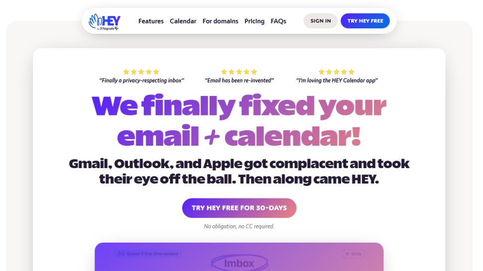 Website screenshot of Hey Email (January, 2026)
