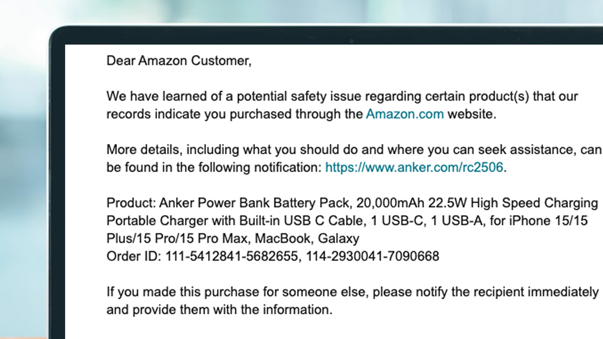 A laptop screen showing an Anker power bank recall email