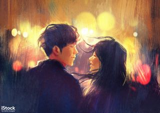 Young couple in love outdoor, by Grandfailure. This illustration could be used, for example, as the hero image of an upmarket dating app