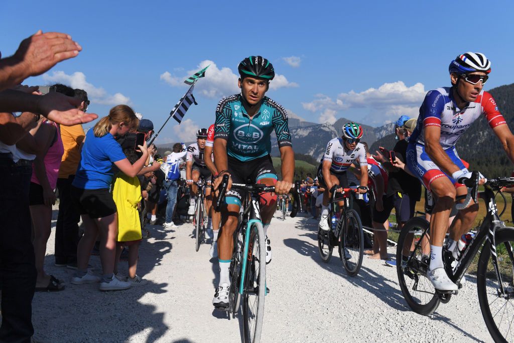 LA ROCHESURFORON FRANCE SEPTEMBER 17 Bryan Coquard of France and Team BB Hotels Vital Concept Matthieu Ladagnous of France and Team Groupama FDJ Monte du plateau des Glires 1390m Gravel Strokes Fans Public during the 107th Tour de France 2020 Stage 18 a 175km stage from Mribel to La Roche sur Foron 543m TDF2020 LeTour on September 17 2020 in La RochesurForon France Photo by Tim de WaeleGetty Images
