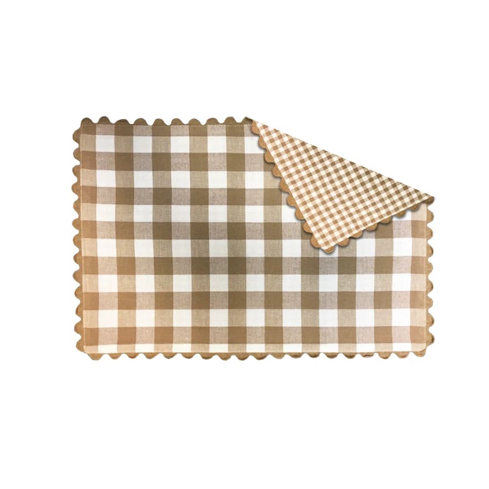 Reversible brown gingham placemat with scalloped edge