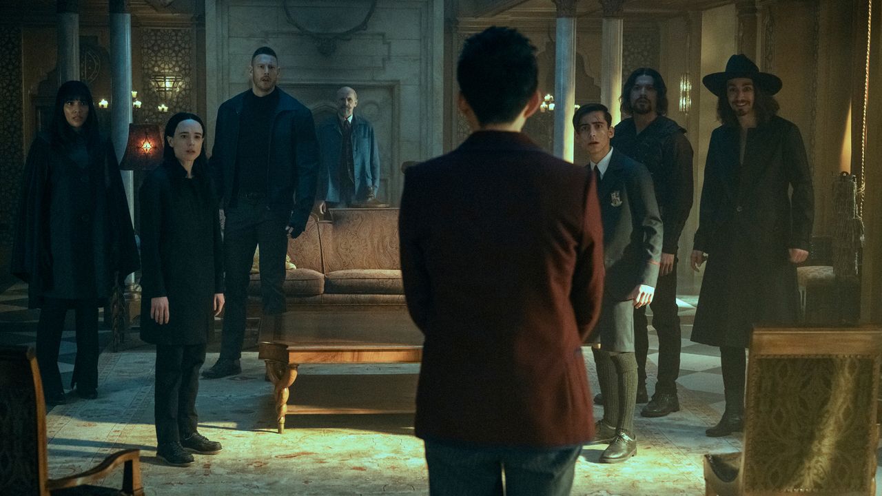 The Umbrella Academy look shocked as Ben emerges from the shadows in The Umbrella Academy season 3