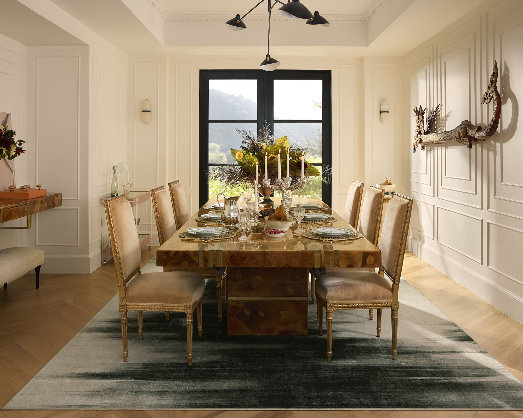 dining room with burl wood table