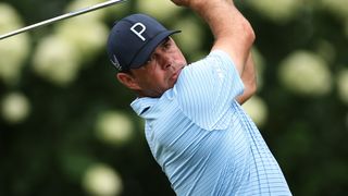 Gary Woodland takes a shot at the 2023 Wyndham Championship at Sedgefield Country Club