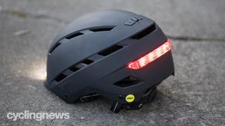 Giro Escape MIPS rear view with the light on
