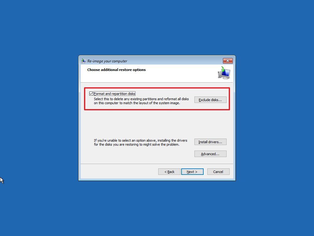 Windows 10 backup recovery format and repartition option