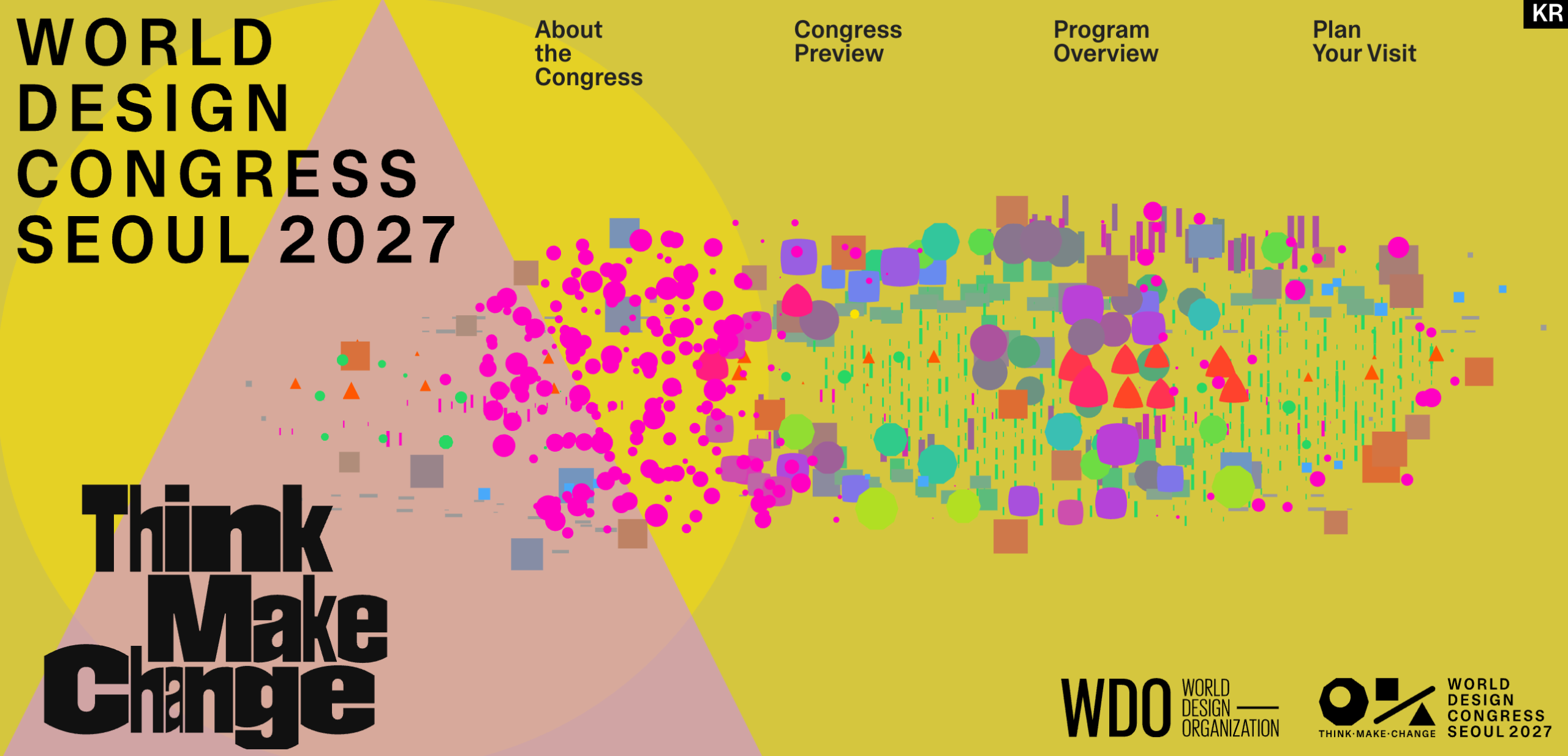 A mustard-yellow congress homepage with a pink triangle overlay, scattered magenta, purple, orange and green shapes and the "World Design Congress Seoul 2027" title