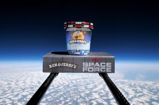 A pint of Ben & Jerry's new "Boots on the Moooo'n," was flown into the stratosphere to celebrate the launch of the Limited Batch flavor and the Netflix original series "Space Force."