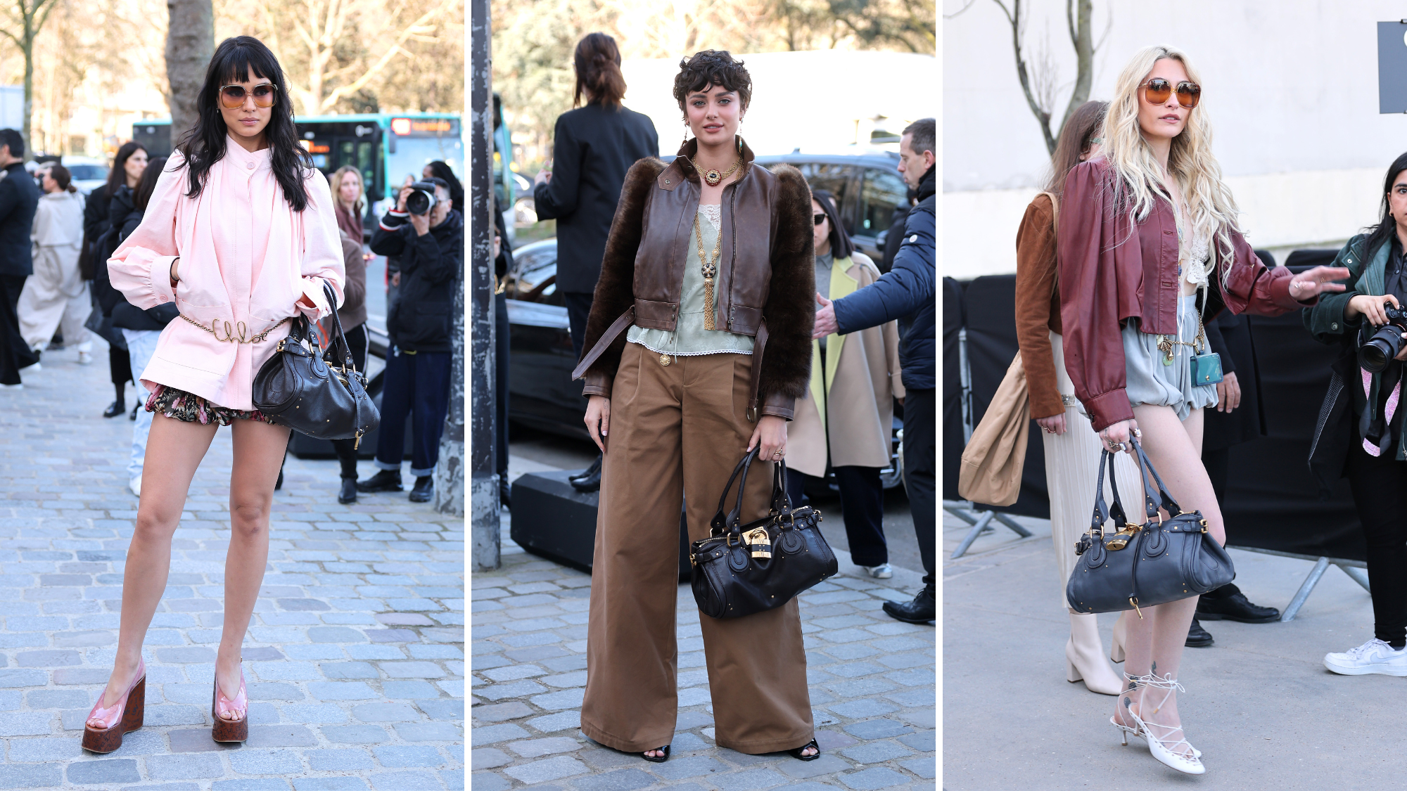 Courtney Eaton, Taylor Hill and Paris Jackson wear the new Chloé Paddington bag to attend the Chloe Womenswear Fall/Winter 2025-2026 show as part of Paris Fashion Week