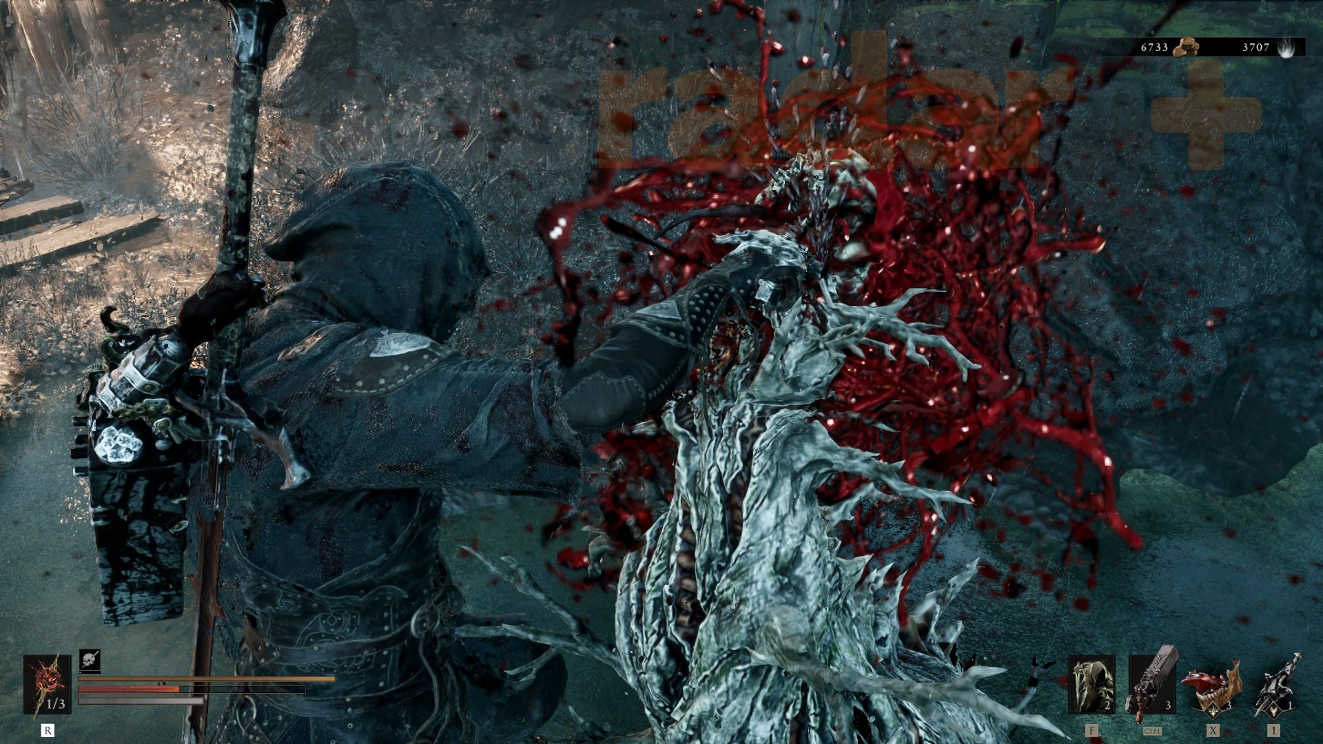 A gruesome animation plays out as the player uses their Mortal Shell 2 Seal to Perfect Guard and riposte the enemy's attack.
