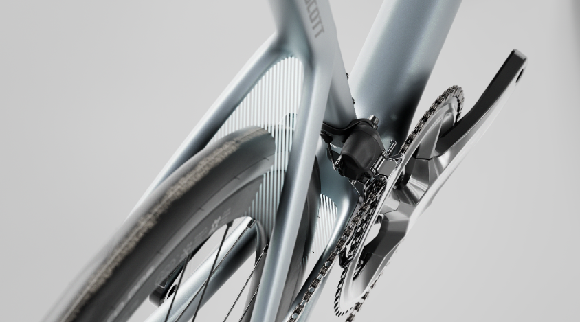 A Scott Addict chainstay displaying the tyre clearance