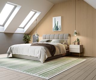 loft bedroom with velux rooflights, light coloured wooden slatted wall panelling behind the bed, wooden floor, bed with padded headboards, bedside tables and hanging pendant lights