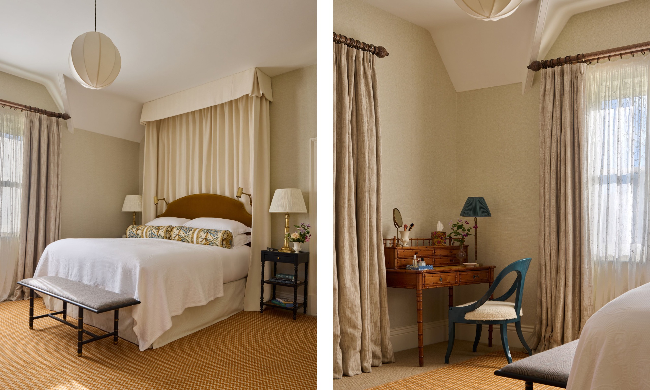 Two images of a large bedroom with a textured neutral wallpaper, off-white ceiling, caramel colored textured rug, and a large bed with a tobacco headboard and a cream canopy.