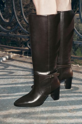 Leather Buckle Heel Boots