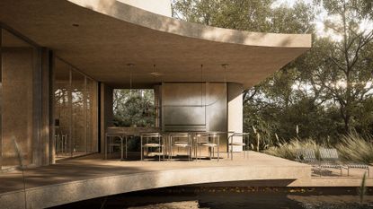 A hyper-stylish garden near an under-flowing water feature with a chrome dining set and a set of metal daybeds