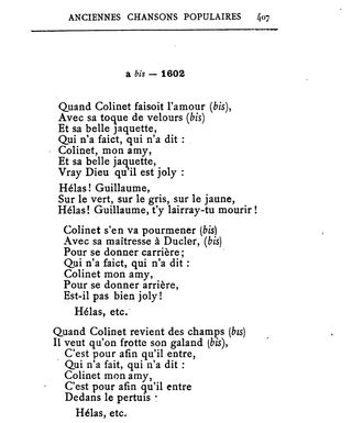 Now, after 400 years, a researcher has found that "Concolinel" is a corrupted version of the French song "Qvand Colinet." Shown, part of the song when it was reprinted in 1887.