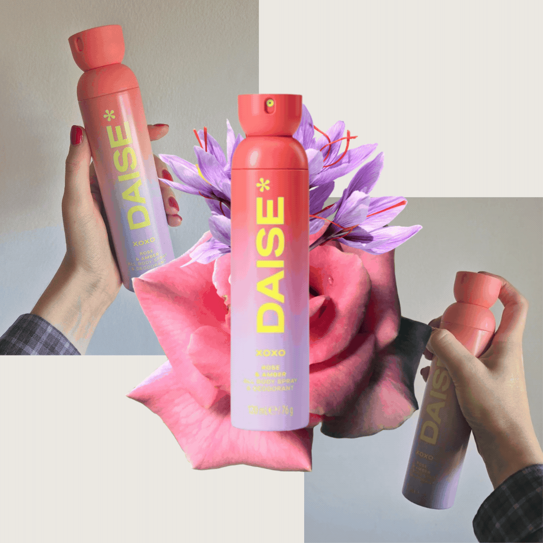 On the left is a close-up of Digital Beauty Writer, Naomi Jamieson's hand seen holding a bottle of the Daise All Body Spray &amp;amp; Deodorant in scent XOXO, alongside a GIF of her spraying it and a product shot of the bottle on top of two stock images of a rose and saffron flower.