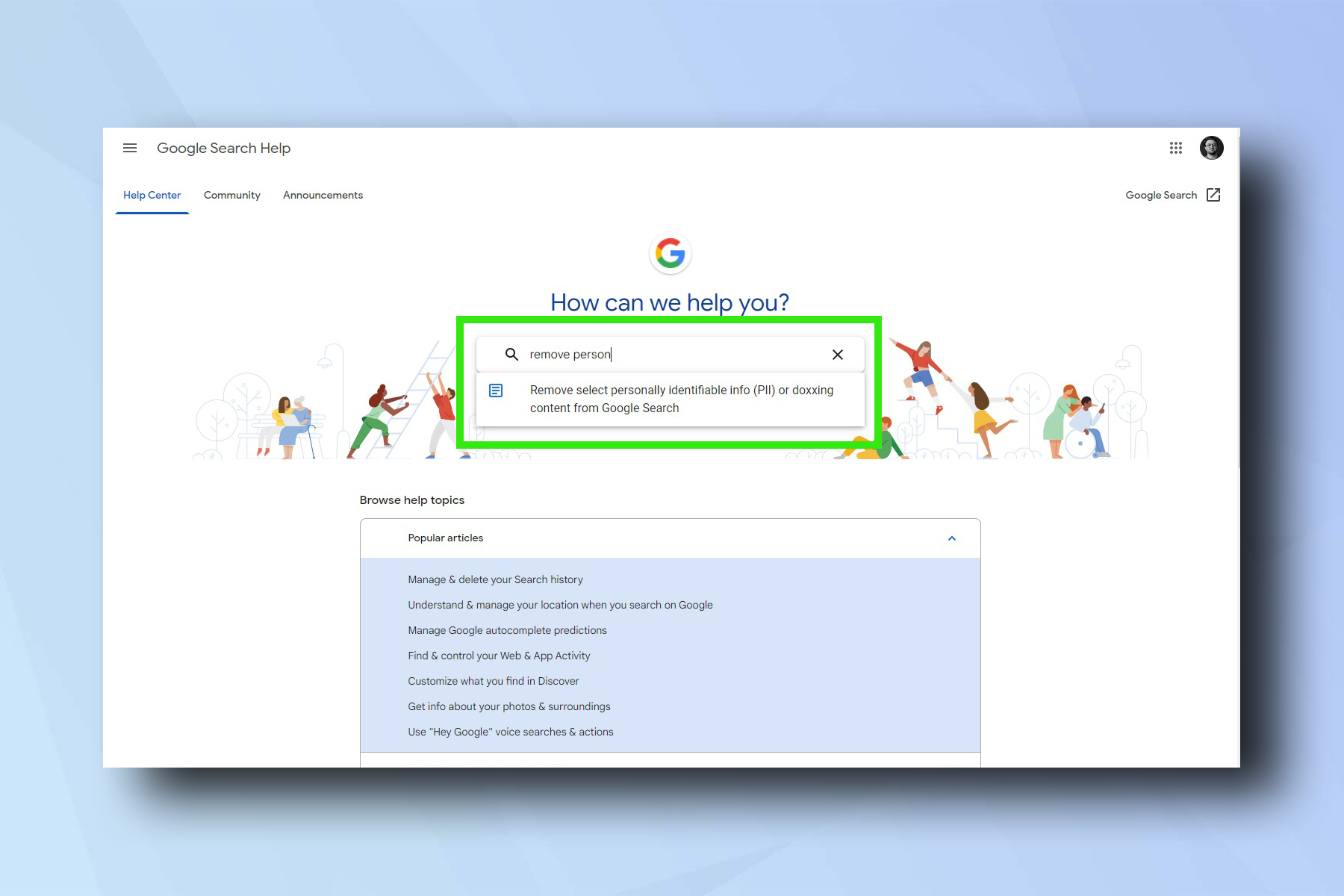 The Google Search help page with text being entered into the search bar - demonstrating how to remove contact details from Google Search