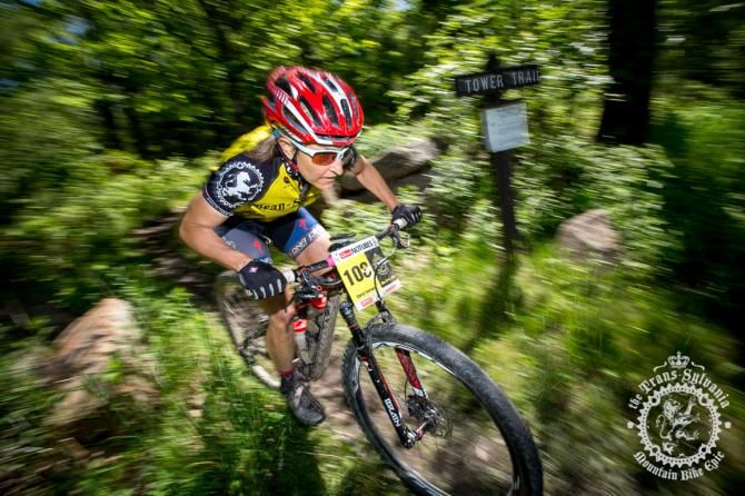 Cheryl Sornson exits the Tower Trail to the gravel descent