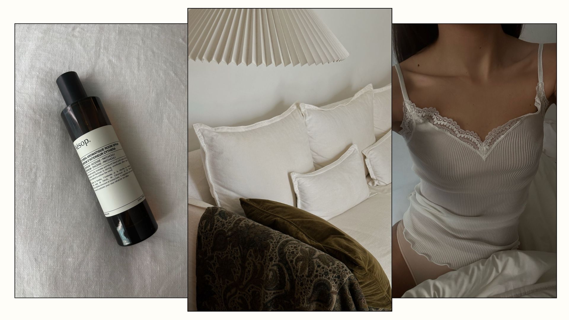 A picture of an Aesop room spray, a chic living room and a woman in white pjs