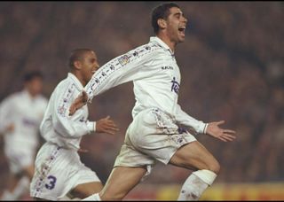 Fernando Hierro celebrates a goal for Real Madrid against Barcelona in January 1997.