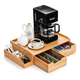 Wooden coffee maker station with storage drawers for coffee pods