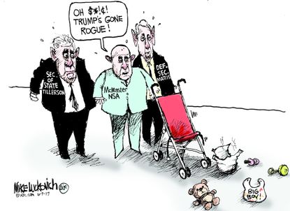 Political cartoon U.S. Trump baby Mattis McMaster Tillerson