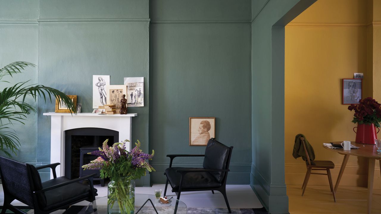 Room painted in Farrow and Ball Green Smoke and India Yellow