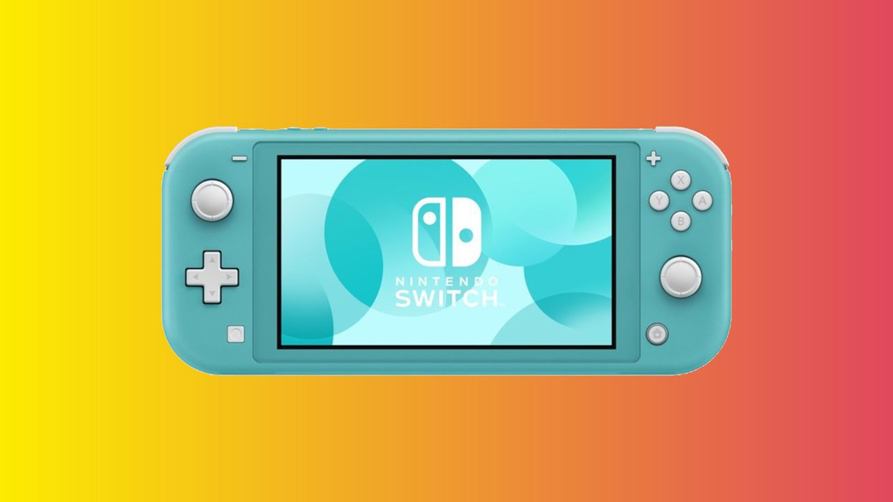 A Nintendo Switch Lite on a multi-coloured background.