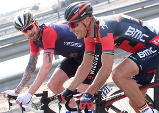Bradley Wiggins chats to Philippe Gilbert on stage one of the Dubai Tour