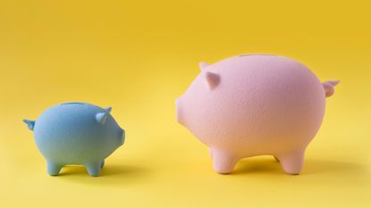 A small piggy bank stands nose-to-nose with a larger one.