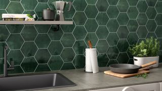 green hexagon wall tiles in kitchen