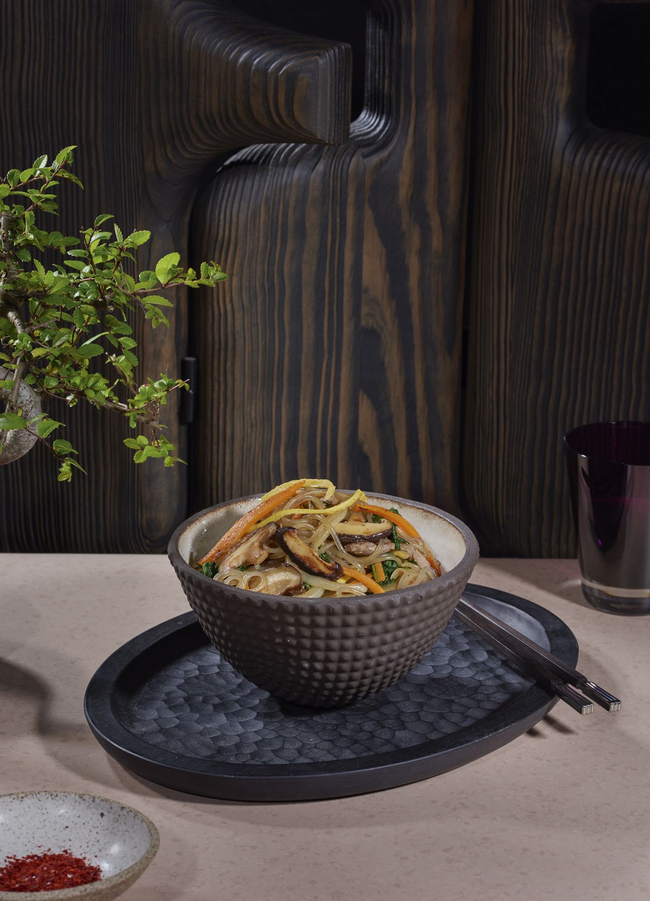 Korean glass noodles in a ceramic glass bowl